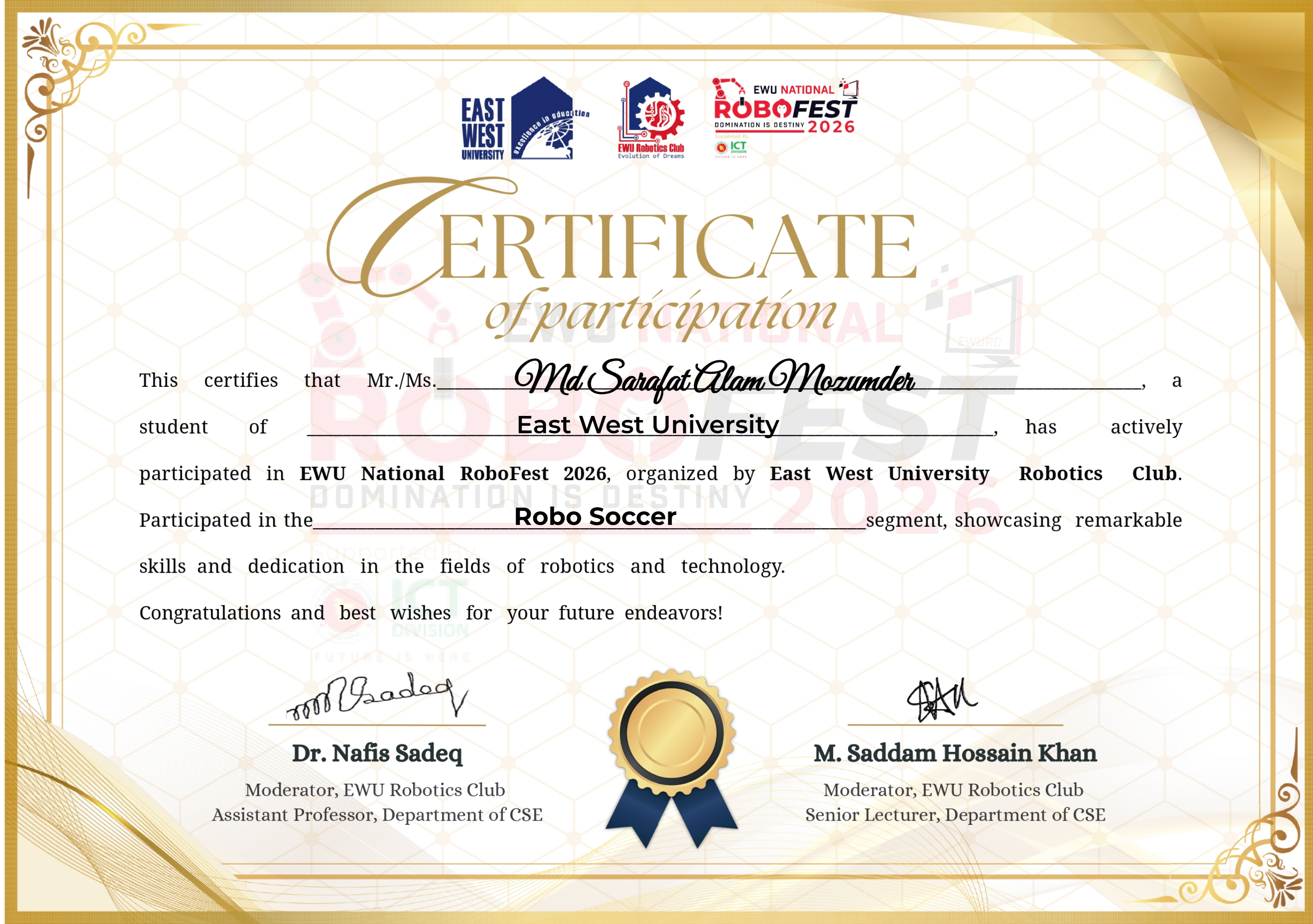 Certificate of Participation in Robo Soccer at EWU National RoboFest 2026