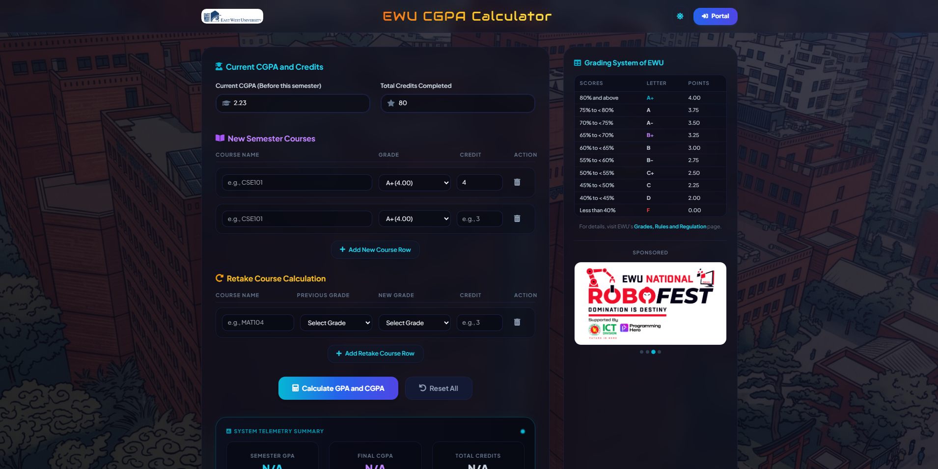 EWU CGPA Calculator Web Application Interface for East West University Students